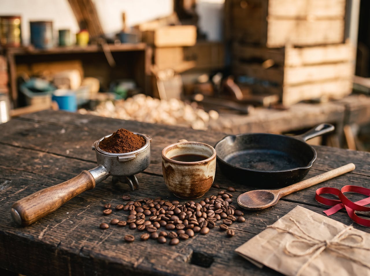 KI-generiert: Siebträger, frisch gemahlener Kaffee, eine Keramiktasse und eine gusseiserne Pfanne auf einer alten Holzwerkbank.