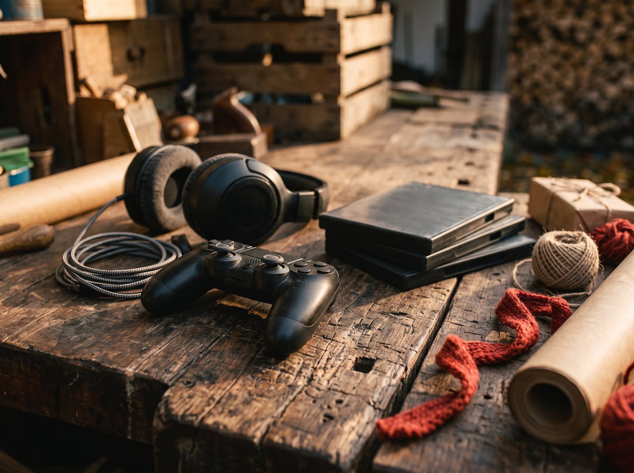 KI-generiert: Ein Gaming-Controller, ein Headset und ein Stapel unbeschrifteter Spielhüllen auf einer alten Holzwerkbank.