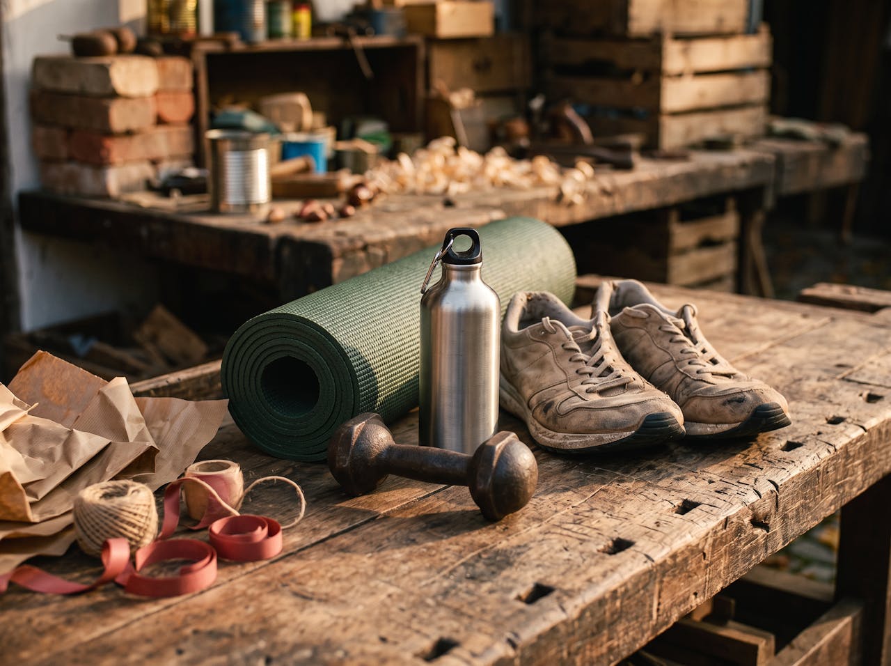 KI-generiert: Laufschuhe, eine zusammengerollte Yogamatte, eine Hantel und eine Trinkflasche auf einer alten Holzwerkbank.