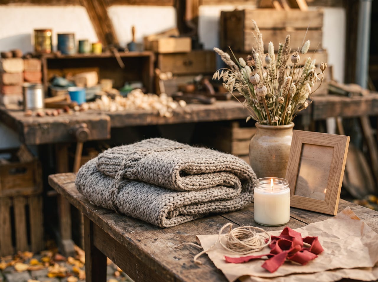 KI-generiert: Eine Strickdecke, eine brennende Kerze im Glas, eine Keramikvase mit Trockengräsern und ein Holzrahmen auf einer alten Holzwerkbank.