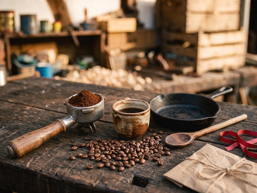 KI-generiert: Kaffee- und Küchenideen auf einer winterlichen Werkbank.