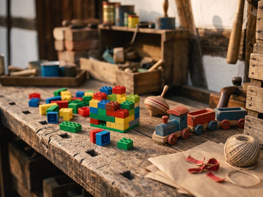 KI-generiert: Spielzeug und Bausteine auf der Werkbank des Weihnachtsmanns.